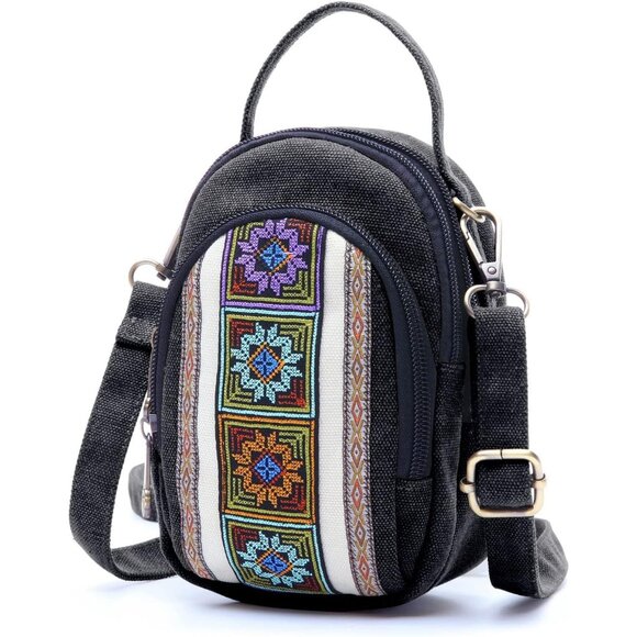 Women's S3 Black Vintage Embroidered Cute Mini Cross Body Bag Small Handbag - Picture 1 of 6